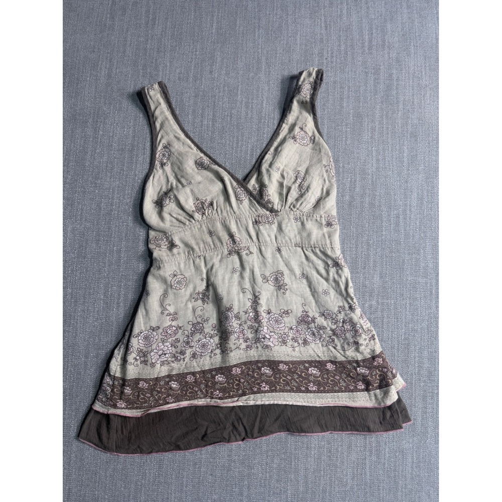 Refuge Floral Babydoll Tank Top Brown Tan V-Neck Smocked Back Size Large